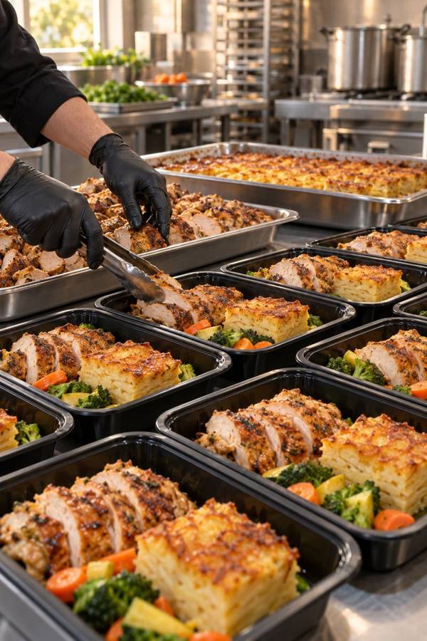 Gloved hands packing fresh cooked meals